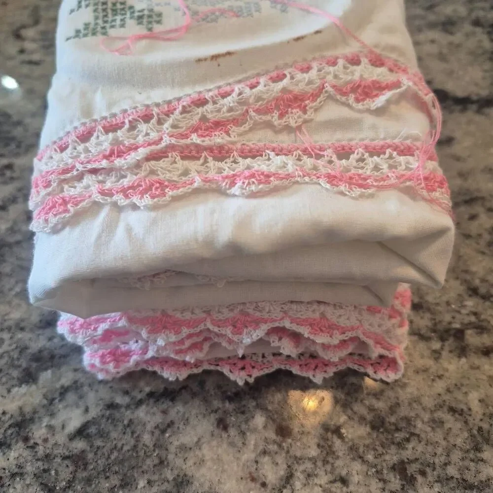 Pillowcases (2), White Cotton, Vintage Pink Variegated Crochet Cross Stitch Star